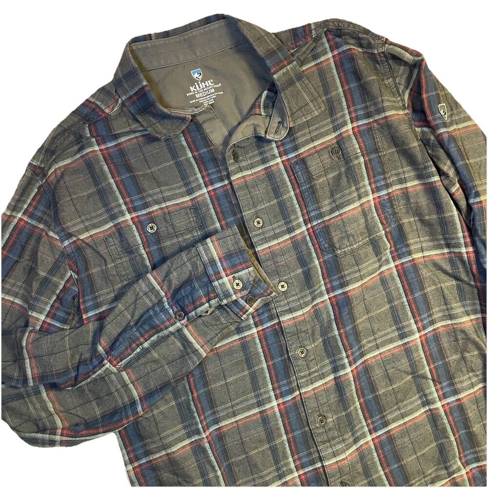 KUHL Flannel Shirt Long Sleeve Gray Blue Red Plaid Mens Medium Button Down